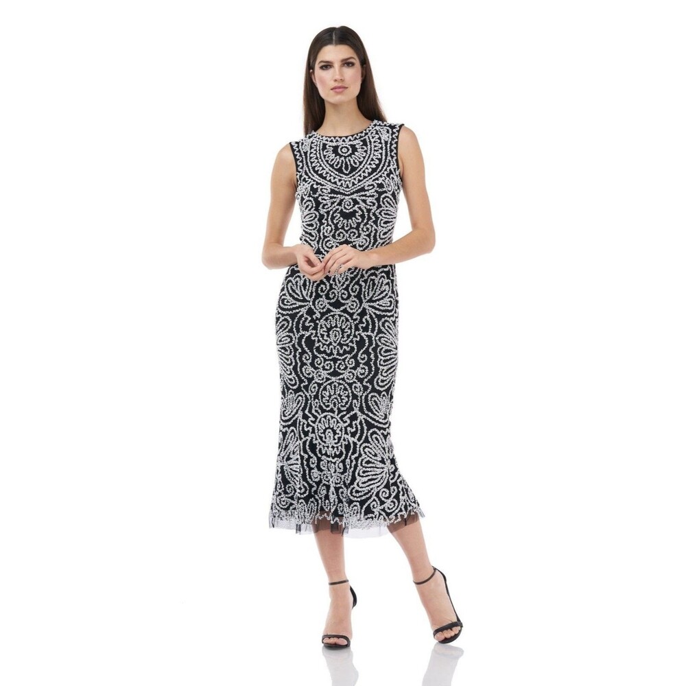 JS Collections Size 12 Black/White Beaded Embroidered Midi Soutache Dress NWT